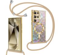 Glitter Magnetic Case For Samsung Galaxy S24 Ultra 5g With Cord [Compatible With Magsafe], Heart Pattern Case For Girls Women, Shockproof Silicone Cover For Samsung S24 Ultra 5g Gold