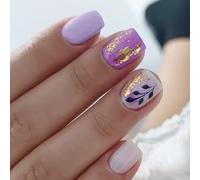 Glitterys Lot de 24 faux ongles courts Collection d'hiver Motif doré violet Application facile Matériaux ABS Feuille d'or Faux cercueil court