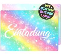 Glitzer-Einladungskarten für Kinderparty und Geburtstag - Karten im Regenbogen- und bunten Sternendesign sind die Einladung für Mädchen, Jungen und Kinder zu Kinderfesten