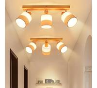 Glitzerlife Spot De Plafond 3 Spots Bois - 2ER Plafonnier Vintage E14 Abat-Jour Tissu Rétro Orientable 350° Max.25W Couloir Cuisine Chambre Salon, Sans Ampoule