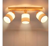 Glitzerlife Spot De Plafond 3 Spots Bois - Plafonnier Vintage E14 Abat-Jour Tissu Rétro Orientable 350° Max.25W Couloir Cuisine Chambre Salon, Sans Ampoule