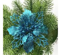 GLITZFAS Lot de 12 décorations de sapin de Noël à paillettes - Décoration de sapin de Noël - Décoration florale - Bleu - 9 cm