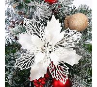 GLITZFAS Lot de 12 Décorations de Sapin de Noël à Paillettes - Fleurs en Plastique, Pendentifs (Blanc, 9 cm)