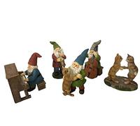GlitZGlam Happy Miniature Gnomes and Cats Dance Celebration ! - Lot de 6 nains de jardin musicaux pour jardin féérique miniature