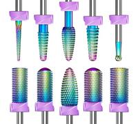 GLIX Ensemble de forets à ongles professionnels 10 en 1 en carbure de tungstène arc-en-ciel pour enlever les ongles en acrylique et le vernis gel, tige de 3/32", kit de manucure russe avec boule à