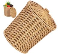 Glixoft Panier en Osier avec Couvercle, Panier De Rangement Rond en Rotin, Poubelle Tissée, Panier À Linge pour Chambre À Coucher, Salon, Bureau