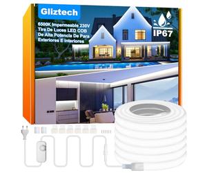 Gliztech Ruban LED COB Exterieur IP67 Étanche AC 230V à Douille Directe, Super Lumineuse Led Cob avec Contrôleur à Double Fusible, Bande LED Blanc pour Jardin Terrasse Commerciale (6500K, 30M)