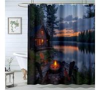 GLKSDLPO Rideau de Douche Style Rustique mi-siècle, avec Foyer au Bord d'un lac rétro et Coucher de Soleil sur la forêt (98 x 195 cm / 39 x 77 po (L x H))