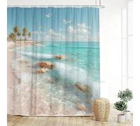 GLKSDLPO Rideau de Douche Tropical Beach, Vagues, Palmiers Turquoise, mouettes, Polyester Lavable, avec 12 Crochets pour la décoration de Salle de Bain (275 x 180 cm / 108 x 71 po (L x H))