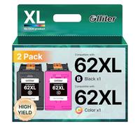 Glliter 62 XL Cartouche d'encre Remplacement pour Cartouche HP 62 Noir et Couleur XL pour Cartouche HP 62XL pour Envy 5540 5640 7640 5547 5548 5642 5644 OfficeJet 5740 5742 200 250 (2er-Pack)