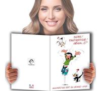 AFIE GLMX-2020 Gaston Lagaffe Maxi Grande Carte Joyeux ANNIVERSAIRE 1 an de plus Bravo Vin Pétillant Champagne Chat Jour de Fête Cadeau Groupé Adultes Signer Format A4 Géant Illustré + Enveloppe