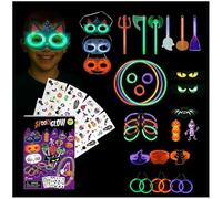 GLO-X Spooky Glow Lot de 201 bâtons lumineux d'Halloween avec masques, lunettes, colliers, bracelets, bagues, tatouages - Accessoires phosphorescents pour enfants, tours ou friandises et fêtes