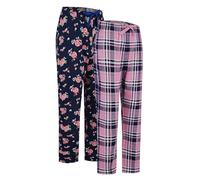 GLOBAL Bas de Pyjama Femme 100% Flanelle de Coton avec Poches et Cordon de Serrage Lot de 2 Bleu Rose Fleurs & Motif à Carreaux Bleu Rose L