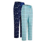 GLOBAL Bas de Pyjama Femme 100% Flanelle de Coton avec Poches et Cordon de Serrage Lot de 2 Carreaux Verts & étoile XL