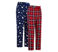 GLOBAL Bas de Pyjama Femme 100% Flanelle de Coton avec Poches et Cordon de Serrage Lot de 2 Moutons Bleu Marine & Carré Rouge L