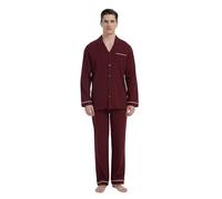 GLOBAL Ensemble de Vêtements de Nuit Longs en Coton pour Hommes, Chemise à Manches Longues avec Poche, Pantalon de Pyjama, Ensemble Deux Pièces, Vêtements de Nuit Vin Rouge S