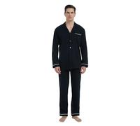 GLOBAL Ensemble de Vêtements de Nuit Longs en Coton pour Hommes, Chemise à Manches Longues avec Poche, Pantalon de Pyjama, Ensemble Deux Pièces, Vêtements de Nuit Noir M
