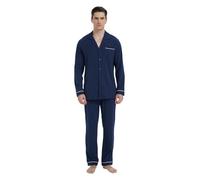 GLOBAL Ensemble de Vêtements de Nuit Longs en Coton pour Hommes, Chemise à Manches Longues avec Poche, Pantalon de Pyjama, Ensemble Deux Pièces, Vêtements de Nuit Bleu Marine M