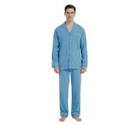 GLOBAL Ensemble de Vêtements de Nuit Longs en Coton pour Hommes, Chemise à Manches Longues avec Poche, Pantalon de Pyjama, Ensemble Deux Pièces, Vêtements de Nuit Bleu Clai M