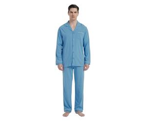 GLOBAL Ensemble de Vêtements de Nuit Longs en Coton pour Hommes, Chemise à Manches Longues avec Poche, Pantalon de Pyjama, Ensemble Deux Pièces, Vêtements de Nuit Bleu Clai L