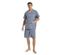 GLOBAL Ensembles de Pyjama Homme Court Vetements De Nuit 100% Coton Classique à Carreaux,Bleu,L