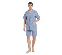 GLOBAL Ensembles de Pyjama Homme Court Vetements De Nuit 100% Coton Classique à Carreaux,Bleu,M