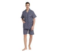 GLOBAL Ensembles de Pyjama Homme Court Vetements De Nuit 100% Coton Classique à Carreaux,Bleu,XL