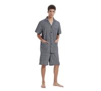 GLOBAL Ensembles de Pyjama Homme Court Vetements De Nuit 100% Coton Classique à Carreaux,Gris,L