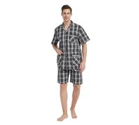 GLOBAL Ensembles de Pyjama Homme Court Vetements De Nuit 100% Coton Classique à Carreaux,Noir,S