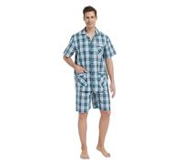GLOBAL Ensembles de Pyjama Homme Court Vetements De Nuit 100% Coton Classique à Carreaux,Vert,L