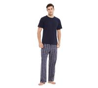GLOBAL Ensembles de Pyjama Homme Court Vetements De Nuit 100% Coton T-Shirt avec Pantalon Classique à Carreaux, Pantalon D'été,Bleu,L