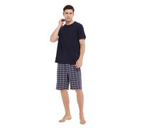 GLOBAL Ensembles de Pyjama Homme Court Vetements De Nuit 100% Coton T-Shirt avec Short Classique à Carreaux,Bleu,L