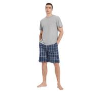 GLOBAL Ensembles de Pyjama Homme Court Vetements De Nuit 100% Coton T-Shirt avec Short Classique à Carreaux,Bleu,L