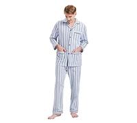 GLOBAL Ensembles de Pyjama Homme Flanelle Coton Vêtements de Nuit Haut Deux Pièces Chaud Pyjama Sets Boutonnés Manches Longues Loungewear Rayures Noires Diamant Bleu Clair M