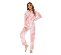 GLOBAL Ensembles de Pyjama pour Femme 100% Coton Vêtements de Nuit Manches Longues Boutonné Pantalon Taille élastiquée Cordon de Serrage Couleur de Cravate Rose 3XL