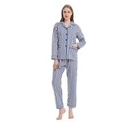 GLOBAL Ensembles de Pyjama pour Femme 100% Coton Vêtements de Nuit Manches Longues Boutonné Pantalon Taille élastiquée Cordon de Serrage Rayures Bleu Foncé 3XL