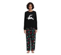 GLOBAL Femme Pyjama Flanelle Manches Long Ensembles de Pyjama Coton Chaleureux Vêtements de Nuit Confortable Vert Rennes Rouges de Noël M