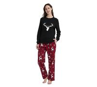 GLOBAL Femme Pyjama Flanelle Manches Long |Ensembles de Pyjama Coton| Chaleureux Vêtements de Nuit Confortable T-Shirt Noir, Pantalon Grille Rouge/Noir L