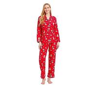 GLOBAL Femme Pyjama Flanelle Manches Long |Ensembles de Pyjama Coton |Chemises de Nuit Bouton | Chaleureux Vêtements de Nuit Confortable Rouge, Chien XL
