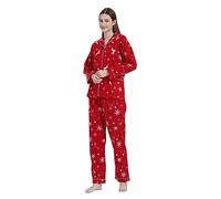 GLOBAL Femme Pyjama Flanelle Manches Long |Ensembles de Pyjama Coton |Chemises de Nuit Bouton | Chaleureux Vêtements de Nuit Confortable Rouge,Renne 3XL