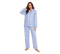 GLOBAL Femme Pyjama Flanelle Manches Long |Ensembles de Pyjama Coton |Chemises de Nuit Bouton | Chaleureux Vêtements de Nuit Confortable Petites Fleurs Bleues 3XL