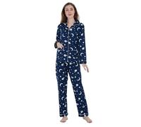 GLOBAL Femme Pyjama Flanelle Manches Long |Ensembles de Pyjama Coton |Chemises de Nuit Bouton | Chaleureux Vêtements de Nuit Confortable |Agneau Mignon Bleu XL