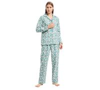 GLOBAL Femme Pyjama Flanelle Manches Long |Ensembles de Pyjama Coton |Chemises de Nuit Bouton | Chaleureux Vêtements de Nuit Confortable |Fleur Elégante Verte M