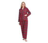 GLOBAL Femme Pyjama Flanelle Manches Long |Ensembles de Pyjama Coton |Chemises de Nuit Bouton | Chaleureux Vêtements de Nuit Confortable Rouge/Bleu/Blanc, Grille L