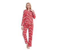 GLOBAL Femme Pyjama Flanelle Manches Long Ensembles de Pyjama Coton Chemises de Nuit Bouton Chaleureux Vêtements de Nuit Confortable,Pyjamas de Noël -2,L