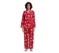 GLOBAL Femme Pyjama Flanelle Manches Long Ensembles de Pyjama Coton Chemises de Nuit Bouton Chaleureux Vêtements de Nuit Confortable Rouge,Rennes Blancs de Noël S