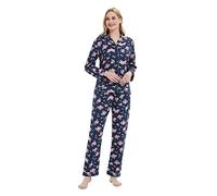 GLOBAL Femme Pyjama Flanelle Manches Long |Ensembles de Pyjama Coton |Chemises de Nuit Bouton | Chaleureux Vêtements de Nuit Confortable Bleu, Rose M