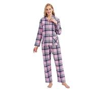 GLOBAL Femme Pyjama Flanelle Manches Long |Ensembles de Pyjama Coton |Chemises de Nuit Bouton | Chaleureux Vêtements de Nuit Confortable Rose/Bleu,Grille S