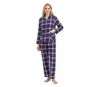 GLOBAL Femme Pyjama Flanelle Manches Long |Ensembles de Pyjama Coton |Chemises de Nuit Bouton | Chaleureux Vêtements de Nuit Confortable Bleu/Violet/Blanc, Grille M