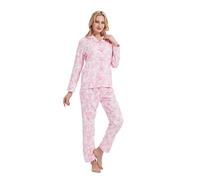 GLOBAL Femme Pyjama Flanelle Manches Long Ensembles de Pyjama Coton Chemises de Nuit Bouton Chaleureux Vêtements de Nuit Confortable,Nuances Roses,L